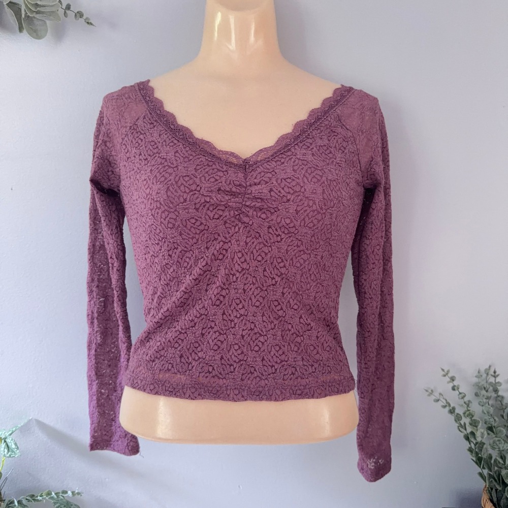 No Boundaries Top Fairy Festival Lace Long Sleeve Ruched V-Neck Purple Wmns XS
